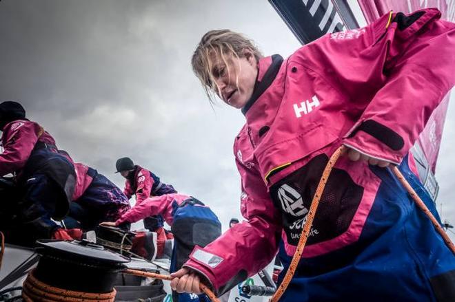 Onboard Team SCA. Light wind. Many manoeuvres. Annie Lush fighting on deck despite her back injury - Leg five to Itajai -  Volvo Ocean Race 2015 © Anna-Lena Elled/Team SCA